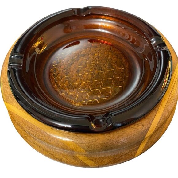 Vintage 6" Amber Cigar Cigarette Ashtray Heavy Glass W/Walnut Wood Base - Picture 1 of 5
